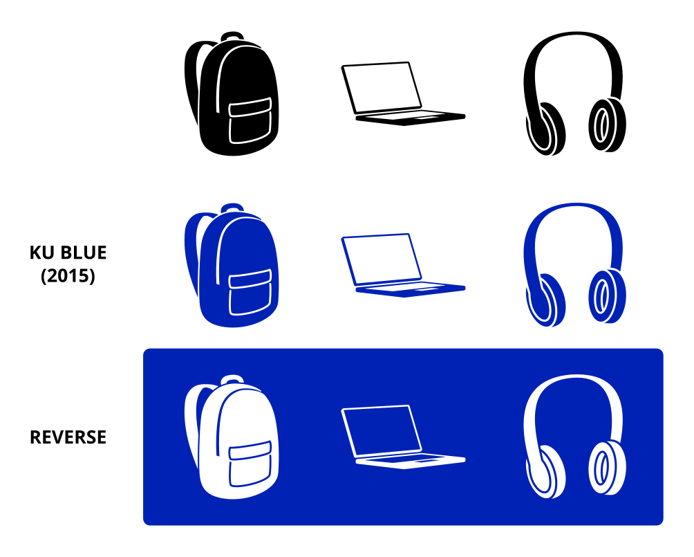 Example of student life icons created for prospective students content, including a backpack, laptop computer, and headphones.