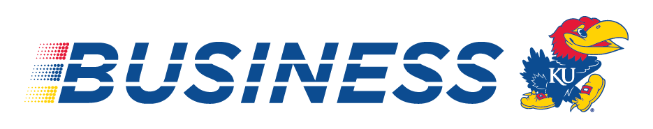 Business school design, a stylized version of the word BUSINESS and a Jayhawk.