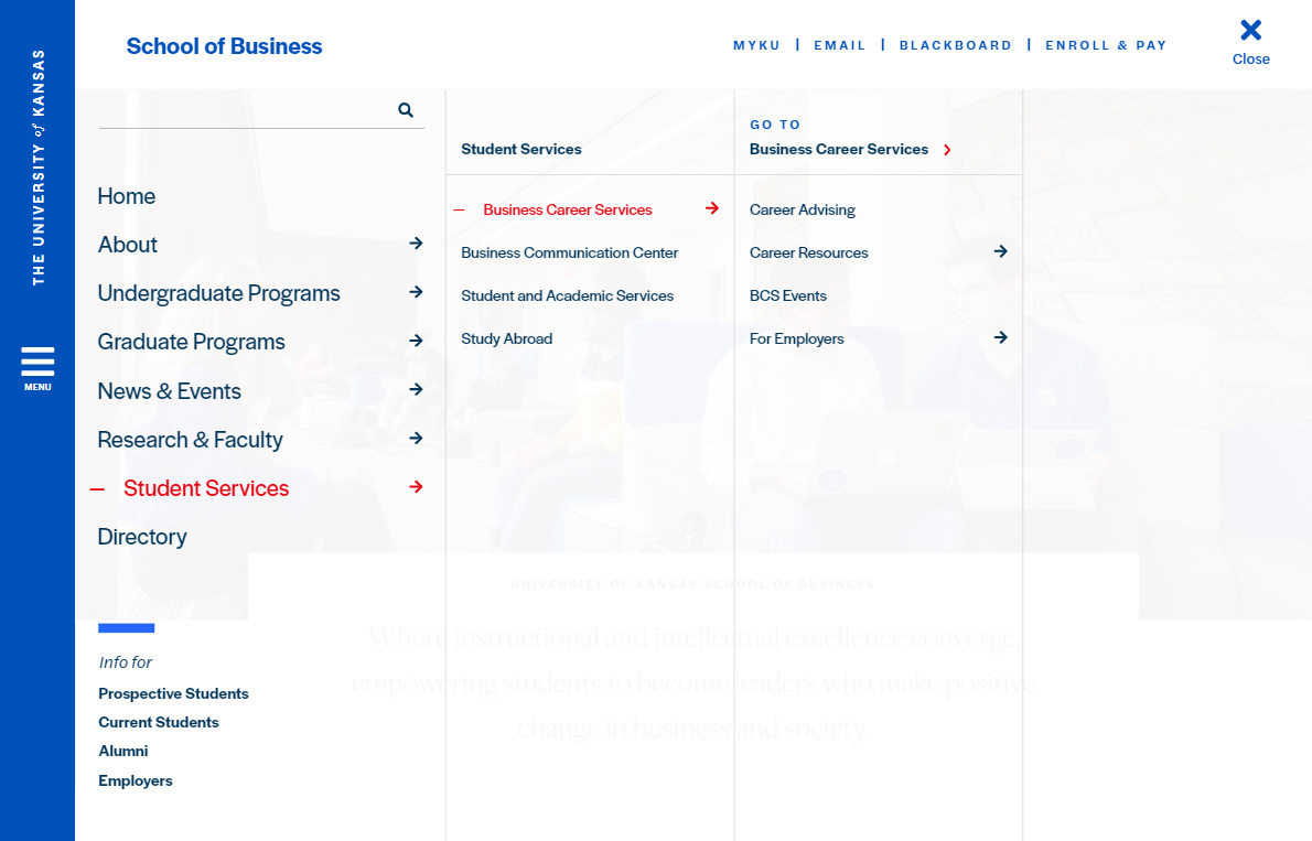 Screenshot of the Sunflower CMS takeover navigation, desktop view of the menu expanded to show three levels